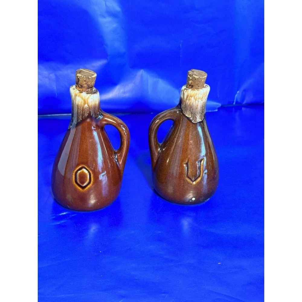Vtg McCoy Oil & Vinegar Cruets‎ Brown Drip Glaze No Stoppers Set V & O 5